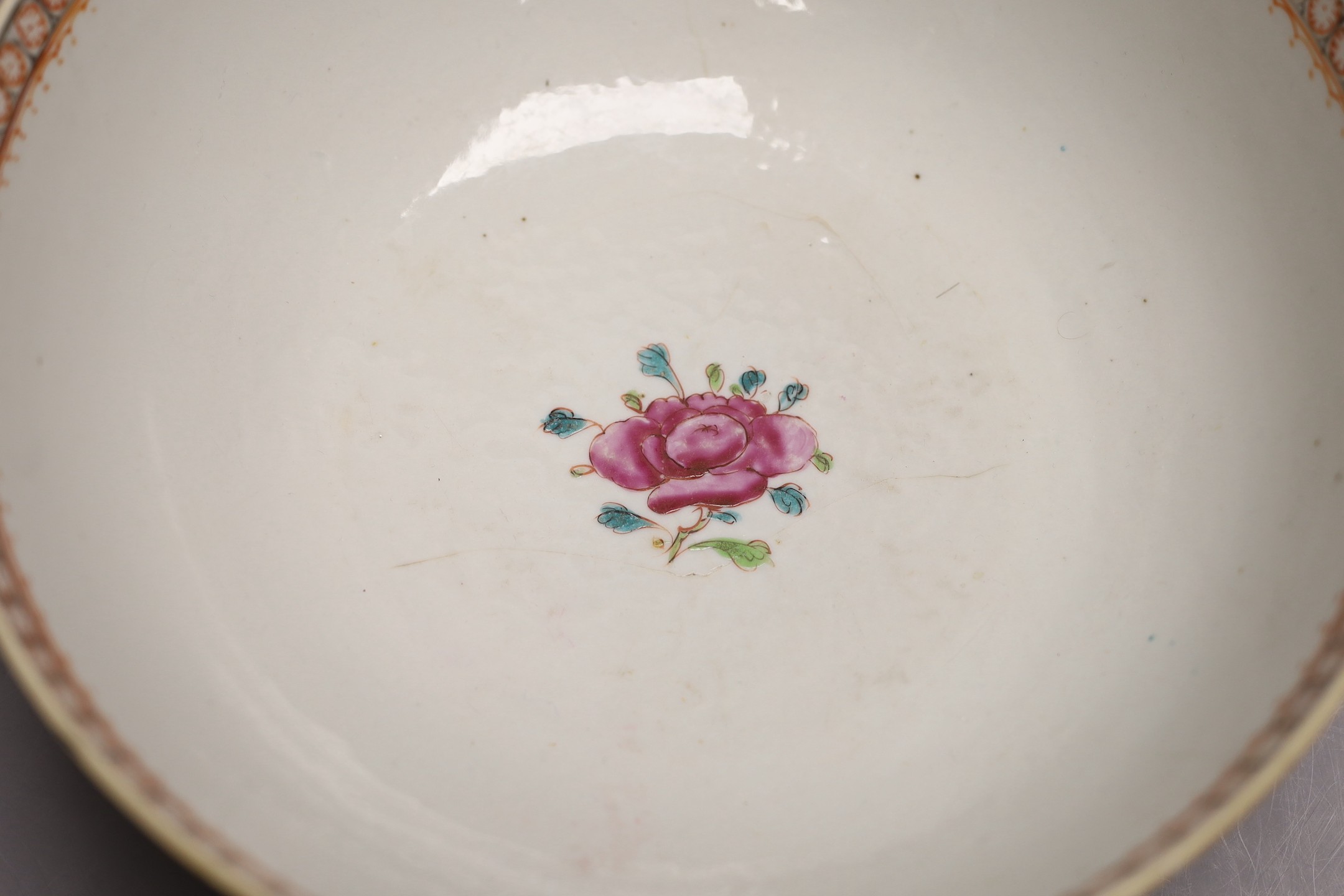A Chinese Qianlong blue and white garlic neck vase and a famille rose bowl, 18th century, bowl diameter 26cm